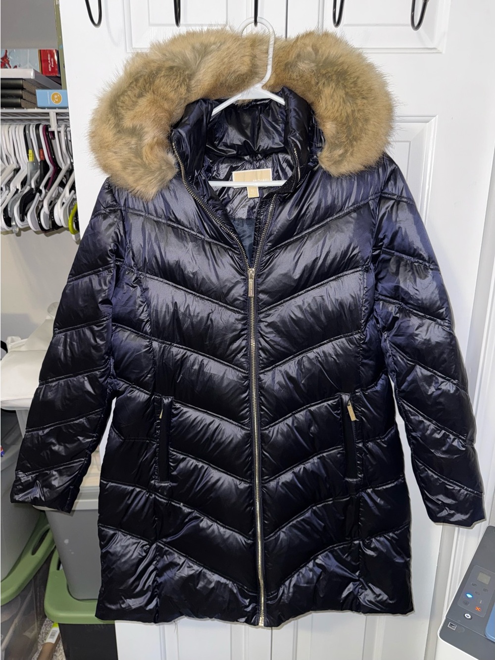 MICHAEL Michael Kors Navy Puffer Coat with Faux Fur Trim